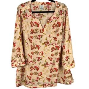 Lands' End Floral Cream & Red 100% Linen Tunic with Mandarin Collar Size 16W